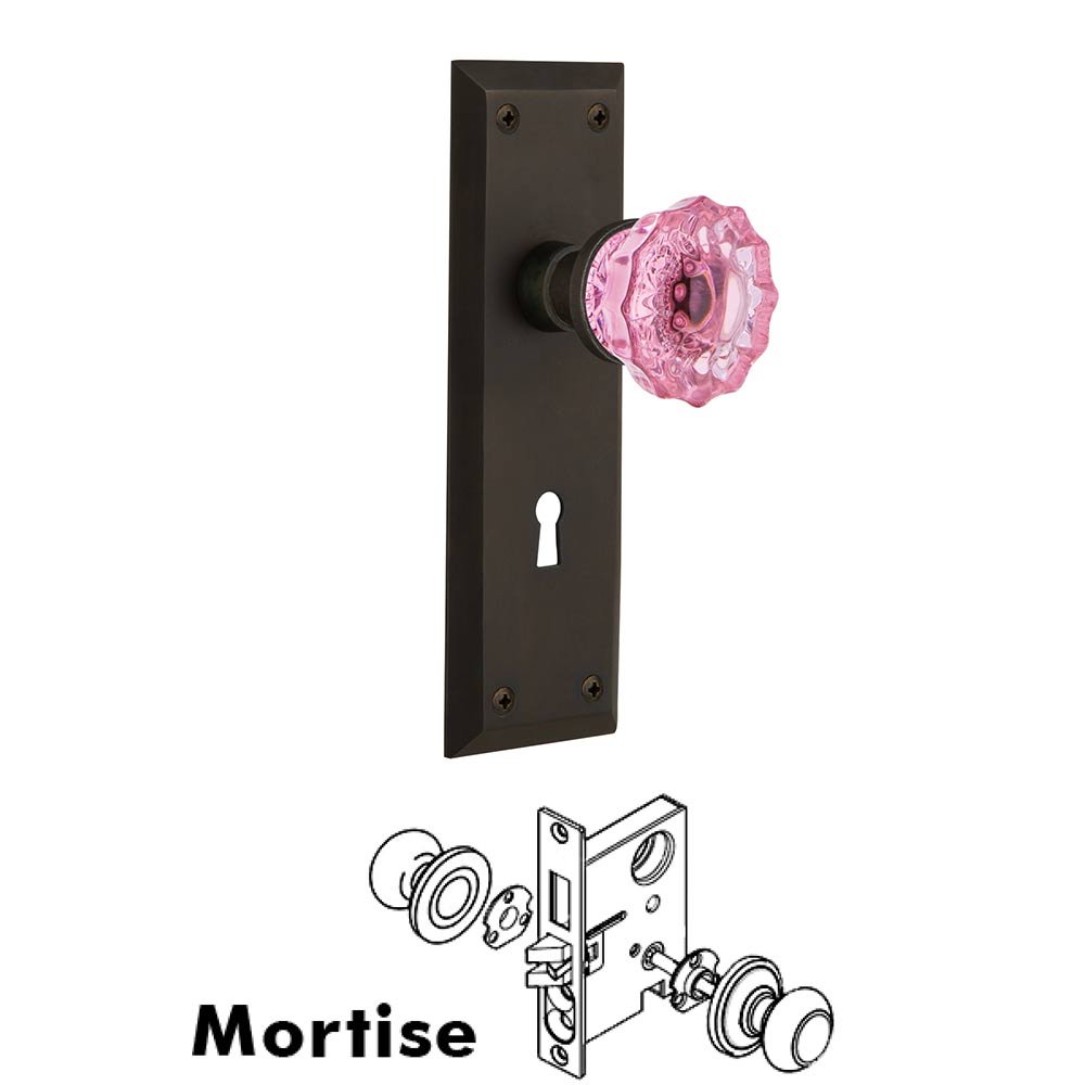 Nostalgic Warehouse Nostalgic Warehouse - Mortise - New York Plate Crystal Pink Glass Door Knob in Oil-Rubbed Bronze