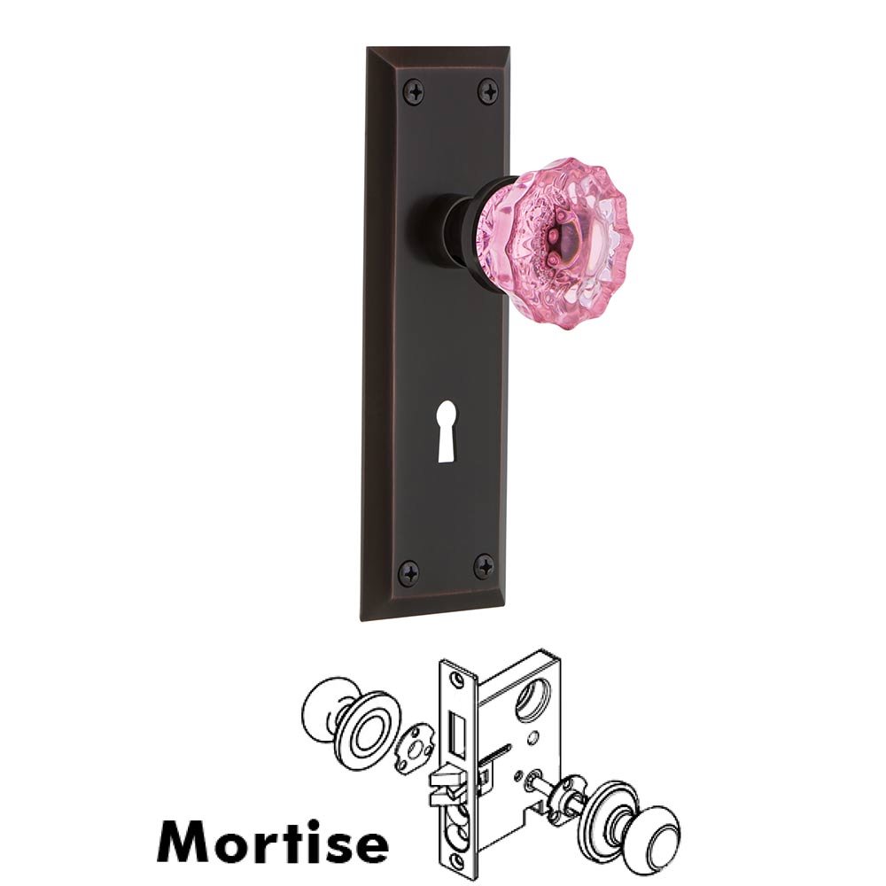 Nostalgic Warehouse Nostalgic Warehouse - Mortise - New York Plate Crystal Pink Glass Door Knob in Timeless Bronze