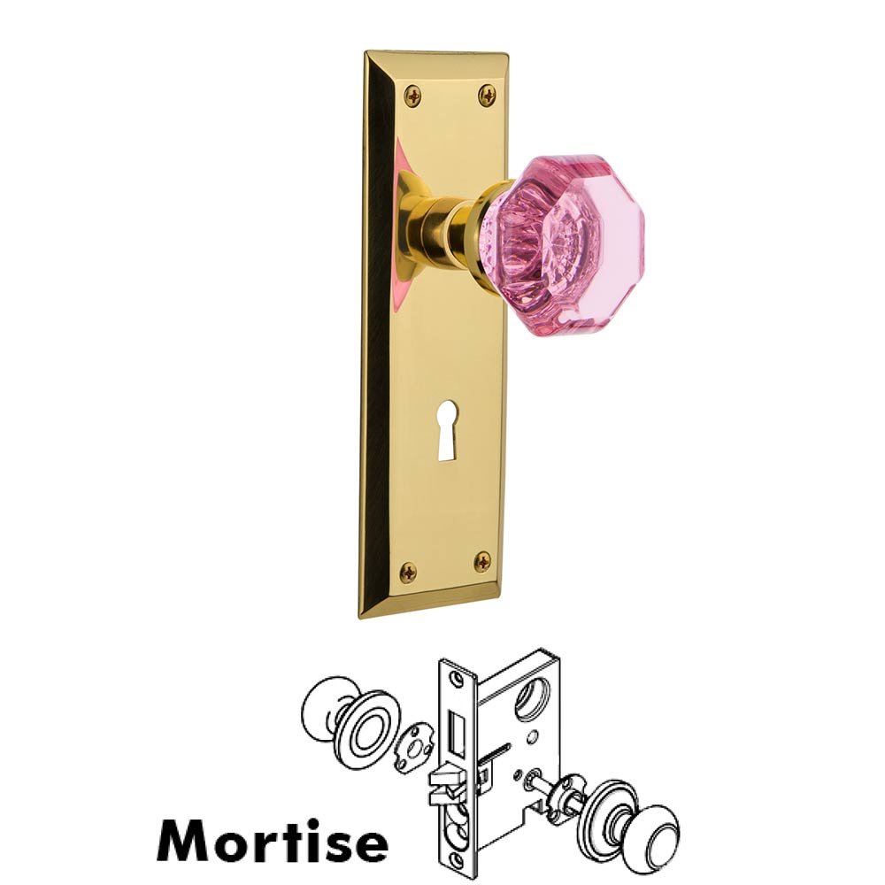 Nostalgic Warehouse Nostalgic Warehouse - Mortise - New York Plate Waldorf Pink Door Knob in Unlaquered Brass