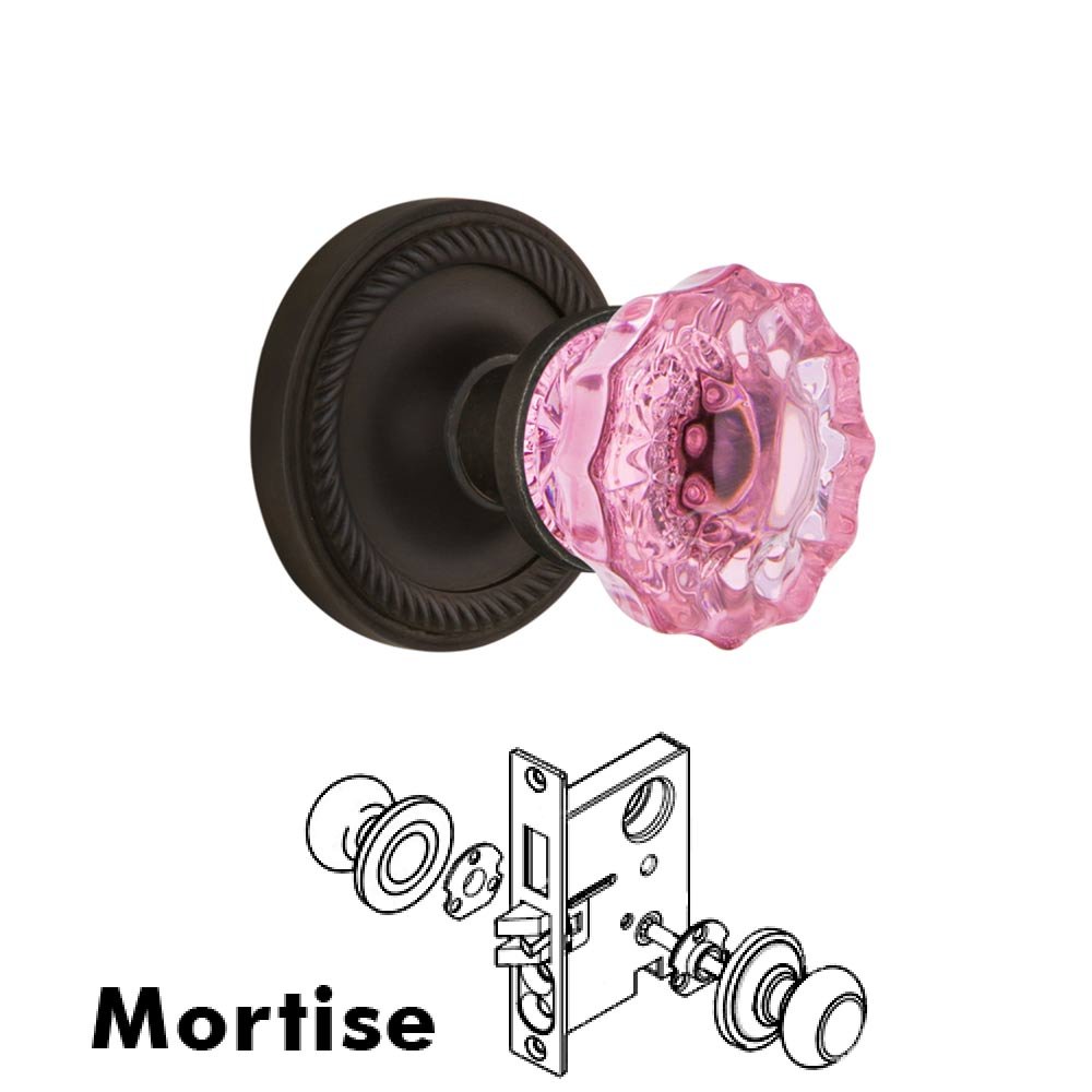 Nostalgic Warehouse Nostalgic Warehouse - Mortise - Rope Rose Crystal Pink Glass Door Knob in Oil-Rubbed Bronze