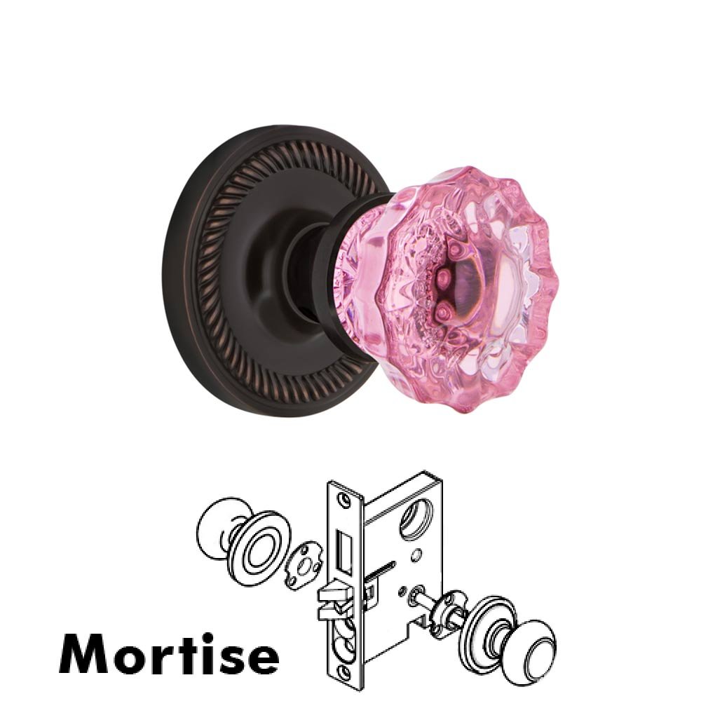 Nostalgic Warehouse Nostalgic Warehouse - Mortise - Rope Rose Crystal Pink Glass Door Knob in Timeless Bronze