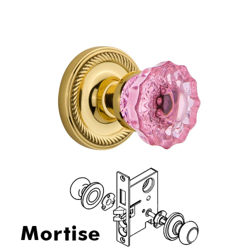 Nostalgic Warehouse Nostalgic Warehouse - Mortise - Rope Rose Crystal Pink Glass Door Knob in Unlaquered Brass