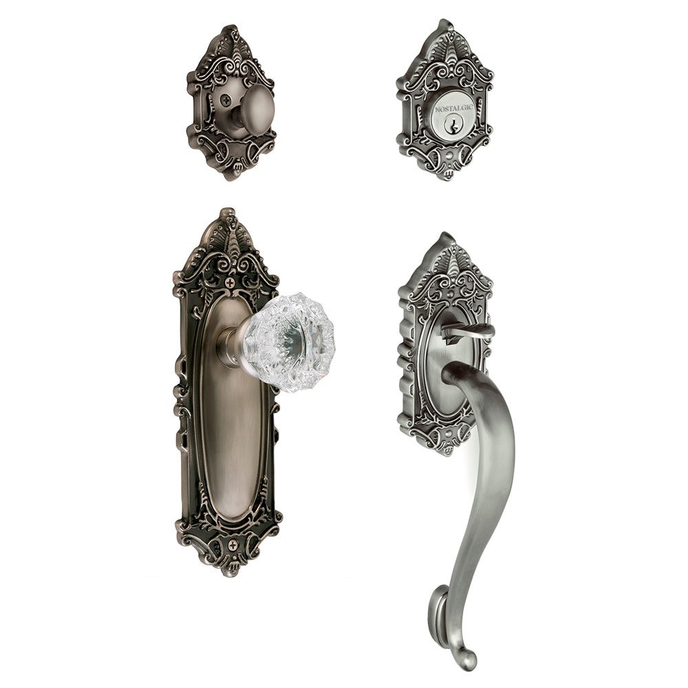 Nostalgic Warehouse Handleset - Victorian with "S" Grip and Crystal Knob in Antique Pewter