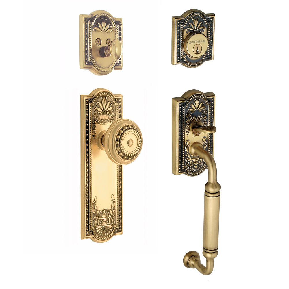Nostalgic Warehouse Handleset - Meadows with "C" Grip and Meadows Knob in Antique Brass and Vintage Brass