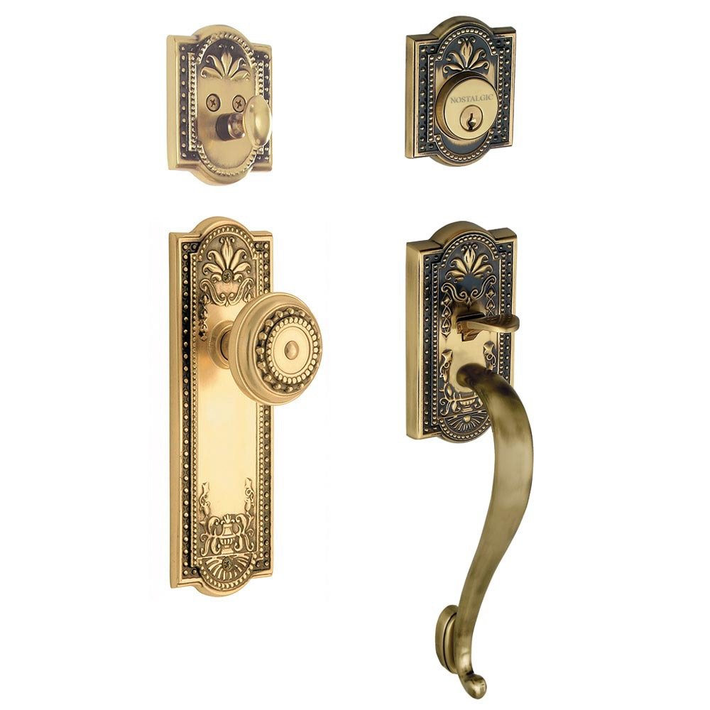 Nostalgic Warehouse Handleset - Meadows with "S" Grip and Meadows Knob in Antique Brass and Vintage Brass