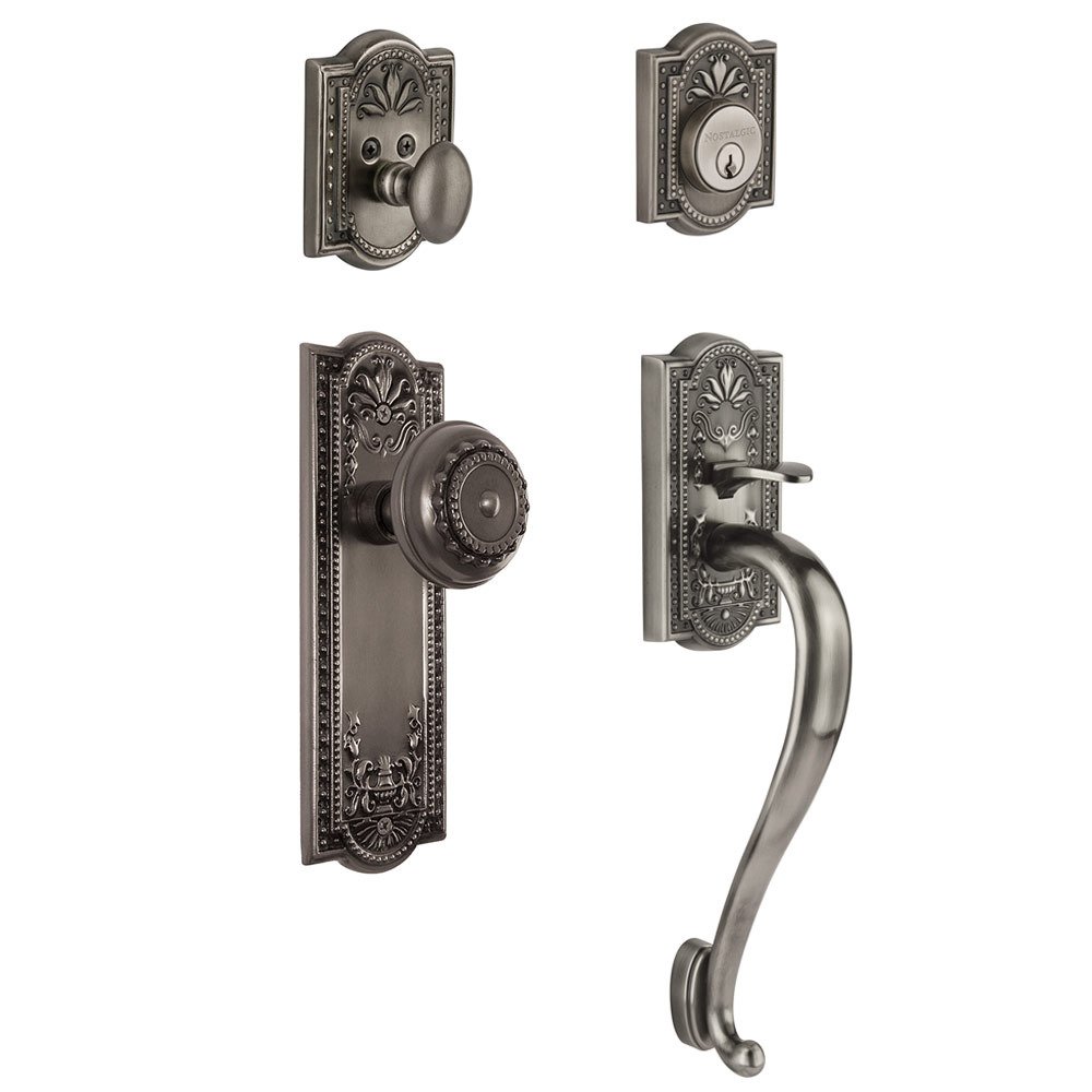Nostalgic Warehouse Handleset - Meadows with "S" Grip and Meadows Knob in Antique Pewter