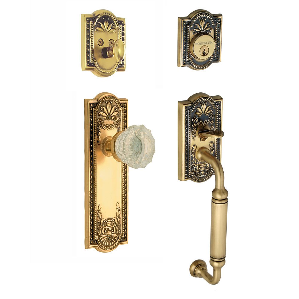 Nostalgic Warehouse Handleset - Meadows with "C" Grip and Crystal Knob in Antique Brass and Vintage Brass