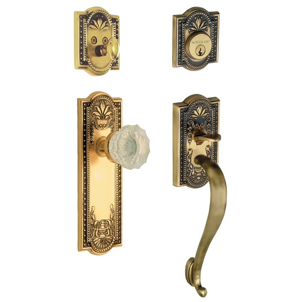 Nostalgic Warehouse Handleset - Meadows with "S" Grip and Crystal Knob in Antique Brass and Vintage Brass
