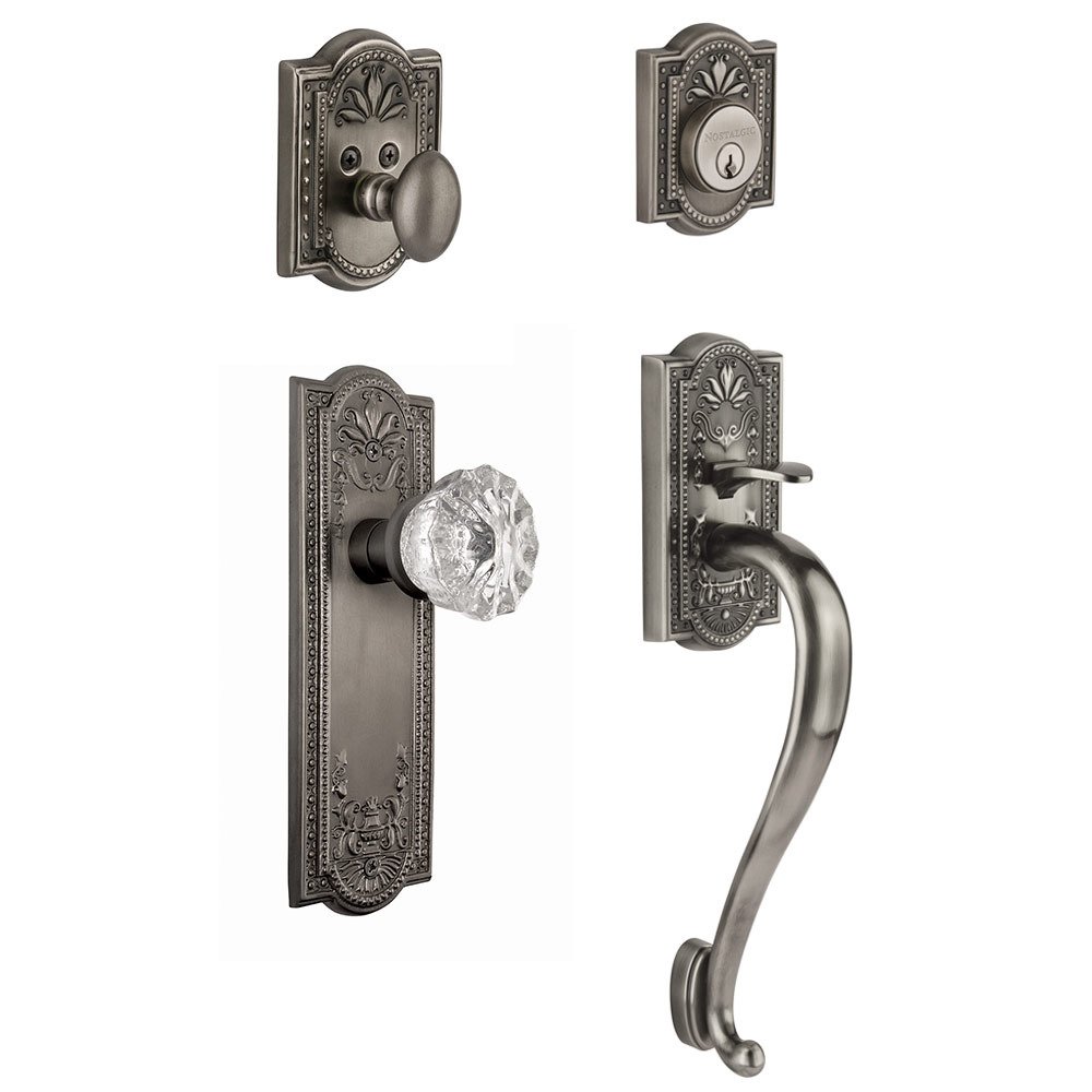 Nostalgic Warehouse Handleset - Meadows with "S" Grip and Crystal Knob in Antique Pewter