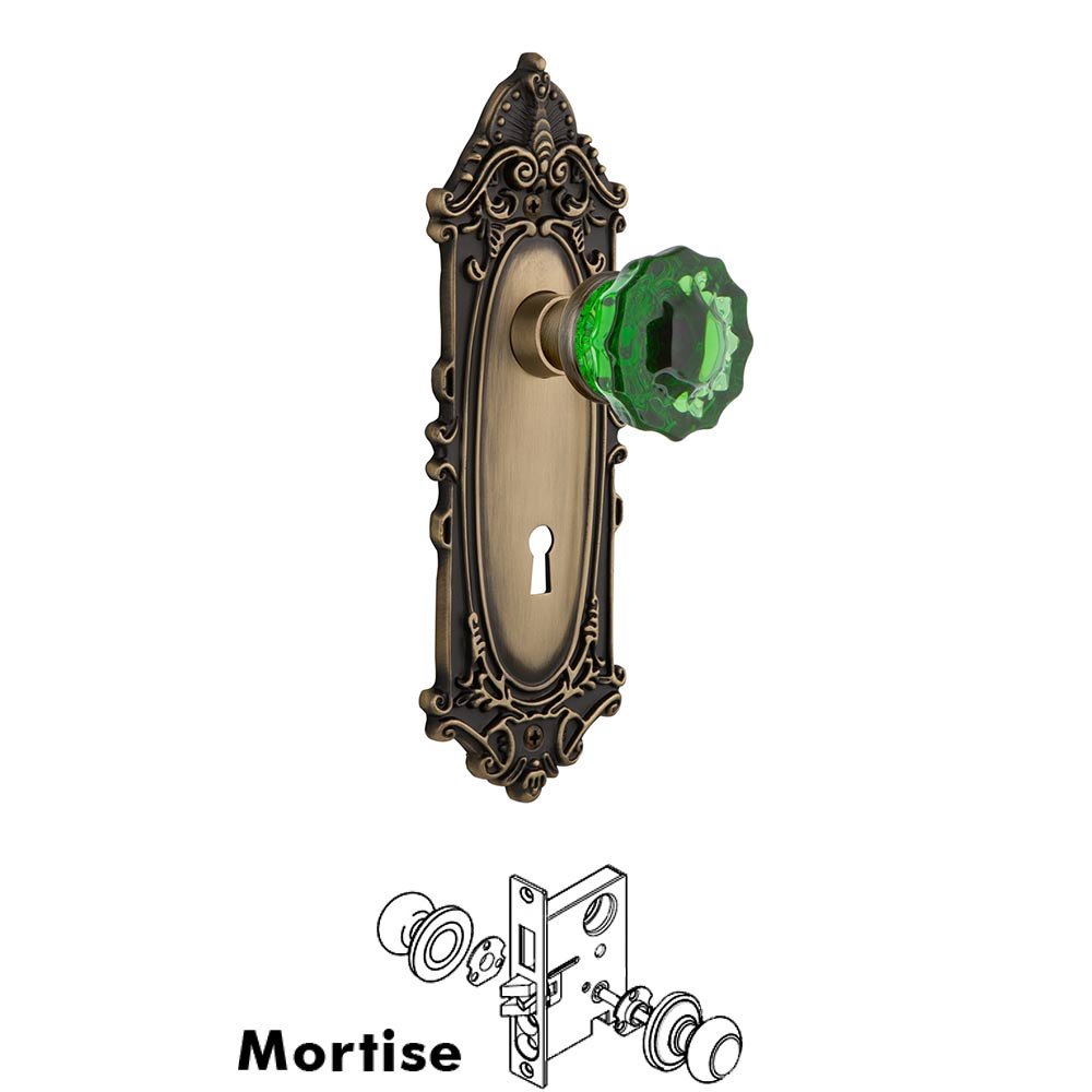 Nostalgic Warehouse Nostalgic Warehouse - Mortise - Victorian Plate Crystal Emerald Glass Door Knob in Polished Brass