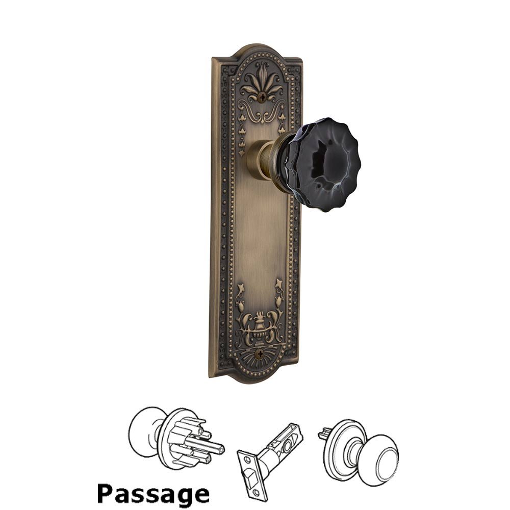 Nostalgic Warehouse Nostalgic Warehouse - Passage - Meadows Plate Crystal Black Glass Door Knob in Antique Brass