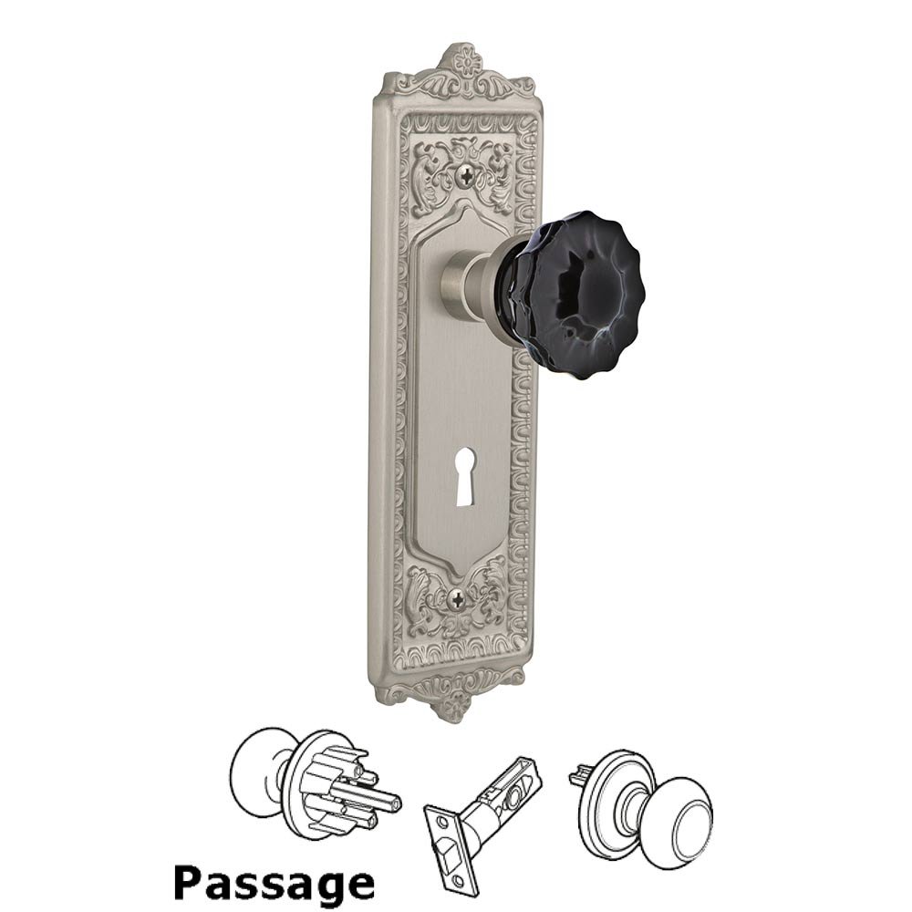 Nostalgic Warehouse Nostalgic Warehouse - Passage - Egg & Dart Plate with Keyhole Crystal Black Glass Door Knob in Satin Nickel
