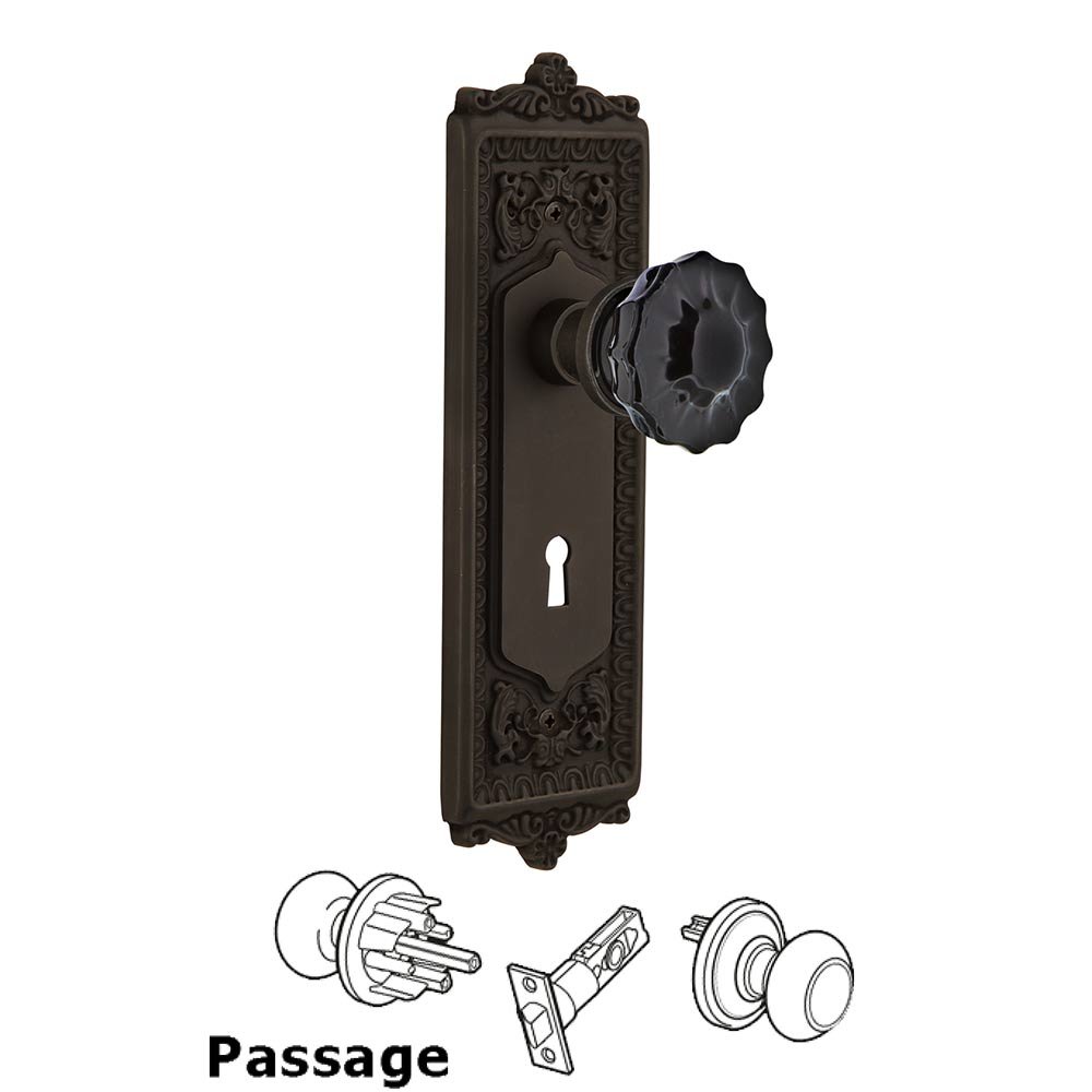 Nostalgic Warehouse Nostalgic Warehouse - Passage - Egg & Dart Plate with Keyhole Crystal Black Glass Door Knob in Oil-Rubbed Bronze
