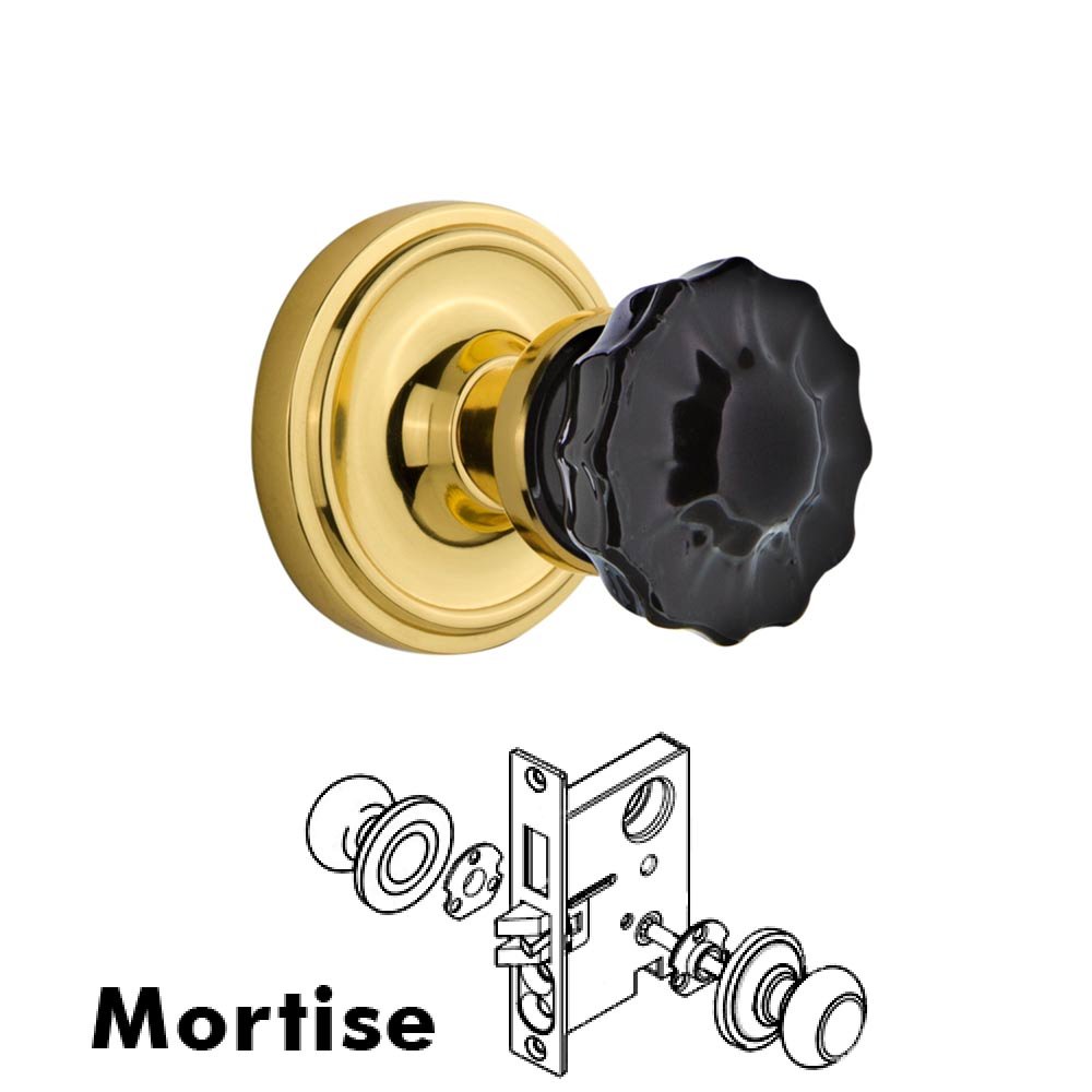 Nostalgic Warehouse Nostalgic Warehouse - Mortise - Classic Rose Crystal Black Glass Door Knob in Polished Brass