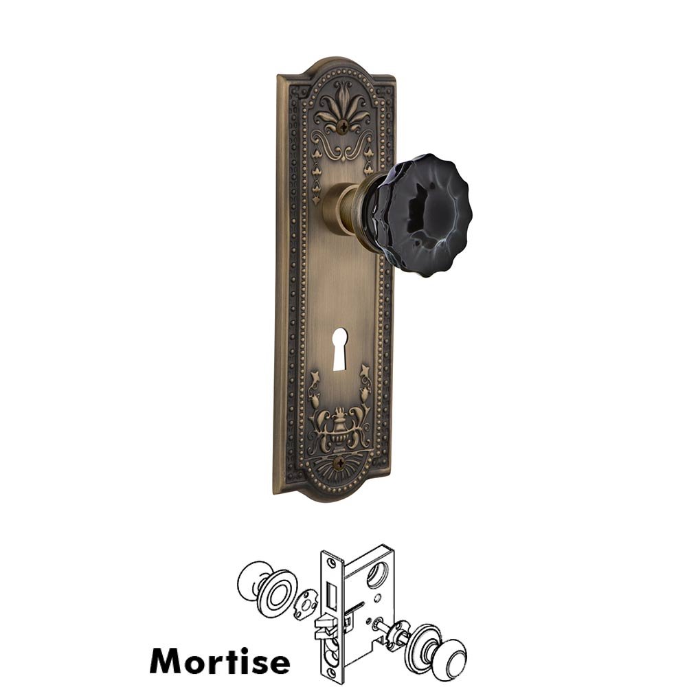 Nostalgic Warehouse Nostalgic Warehouse - Mortise - Meadows Plate Crystal Black Glass Door Knob in Antique Brass