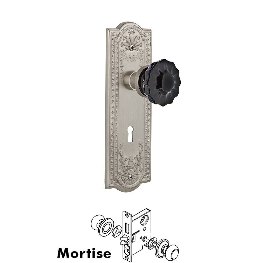 Meadows Collection Nostalgic Warehouse Mortise Meadows Plate Crystal  Black Glass Door Knob in Satin Nickel by Nostalgic Warehouse 727484  MyKnobs