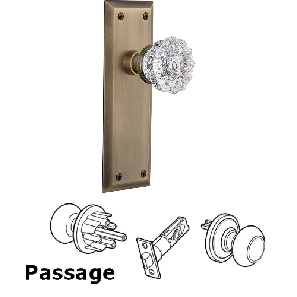 Nostalgic Warehouse Passage New York Plate with Crystal Glass Door Knob in Antique Brass