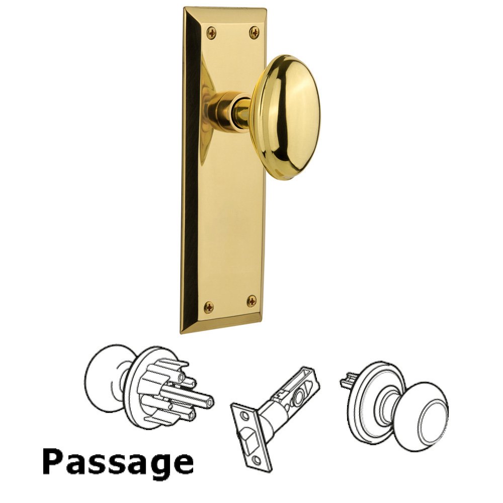 Nostalgic Warehouse Complete Passage Set Without Keyhole - New York Plate with Homestead Knob in Polished Brass
