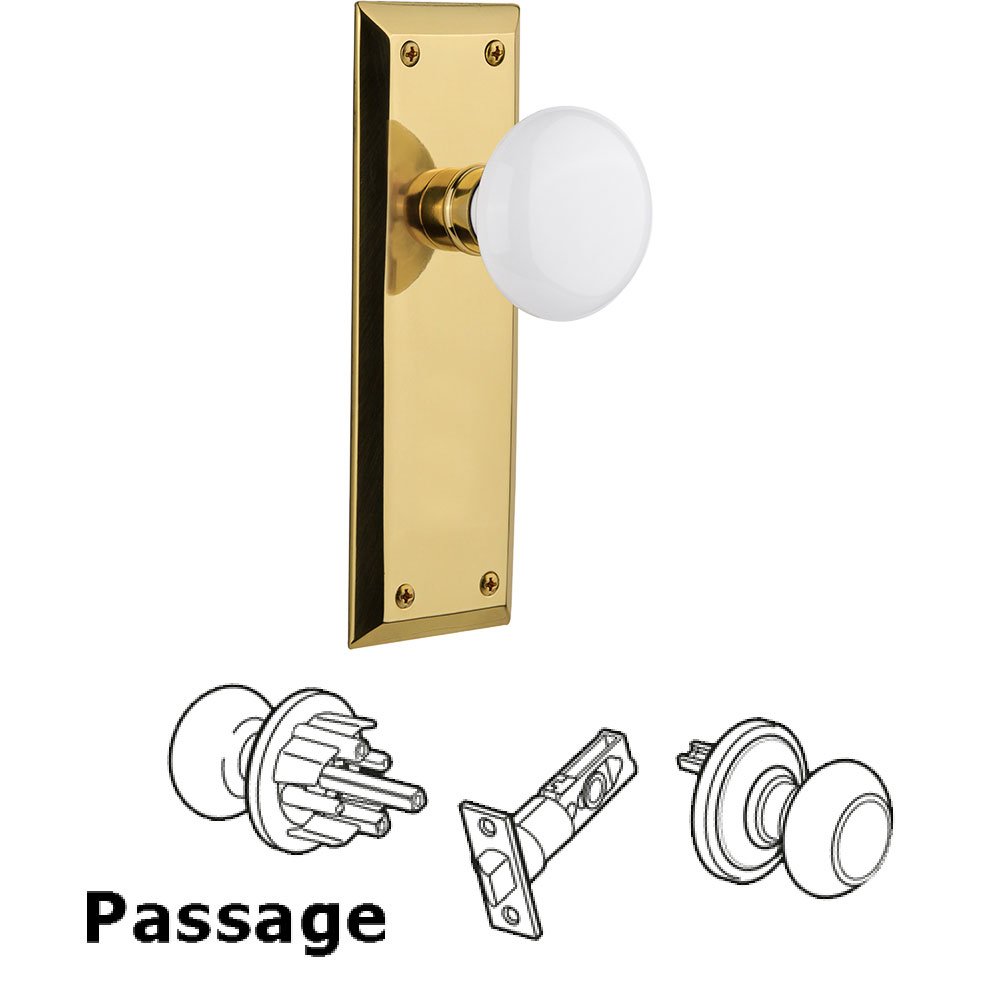 Nostalgic Warehouse Passage Knob - New York Plate with White Porcelain Door Knob in Polished Brass