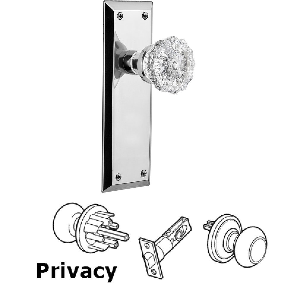Nostalgic Warehouse Privacy Knob - New York Plate with Crystal Door Knob in Bright Chrome