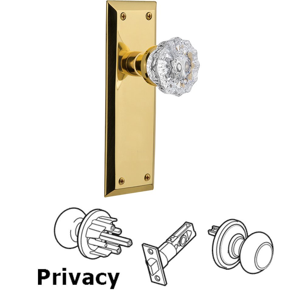 Nostalgic Warehouse Privacy Knob - New York Plate with Crystal Door Knob in Polished Brass