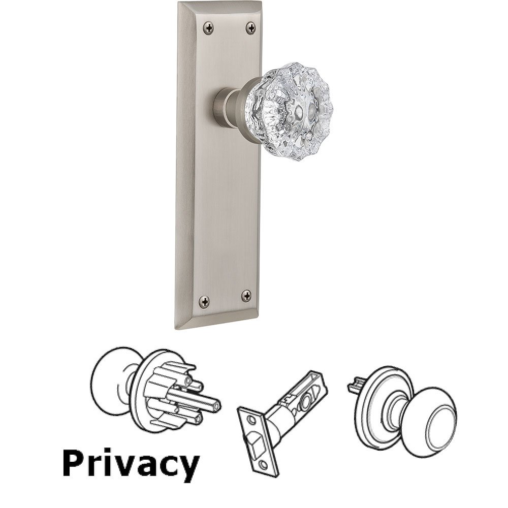 Nostalgic Warehouse Privacy New York Plate with Crystal Glass Door Knob in Satin Nickel
