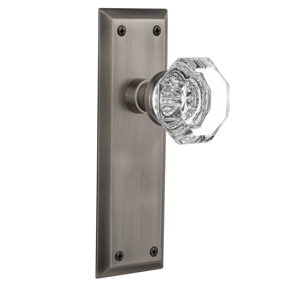 Nostalgic Warehouse Privacy Knob - New York Plate with Waldorf Crystal Door Knob in Antique Pewter