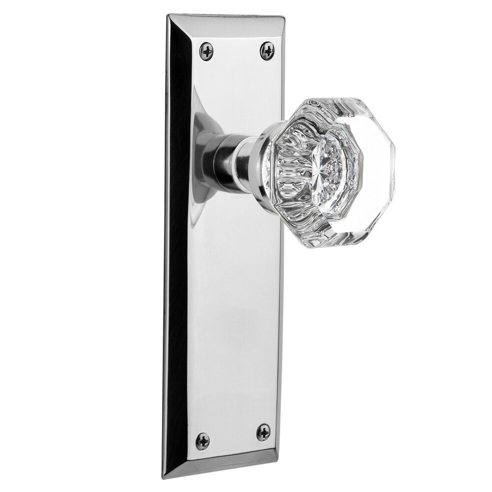 Nostalgic Warehouse Privacy Knob - New York Plate with Waldorf Crystal Door Knob in Bright Chrome