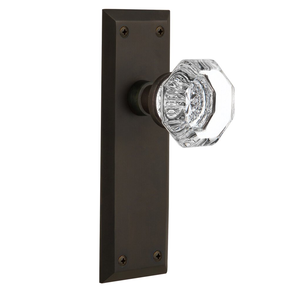 Nostalgic Warehouse Privacy Knob - New York Plate with Waldorf Crystal Door Knob in Oil-rubbed Bronze