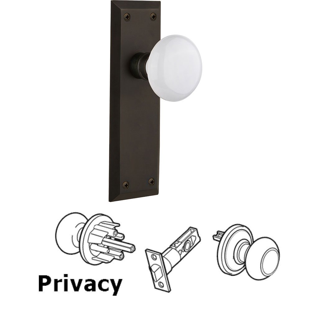 Nostalgic Warehouse Privacy Knob - New York Plate with White Porcelain Door Knob in Oil-rubbed Bronze
