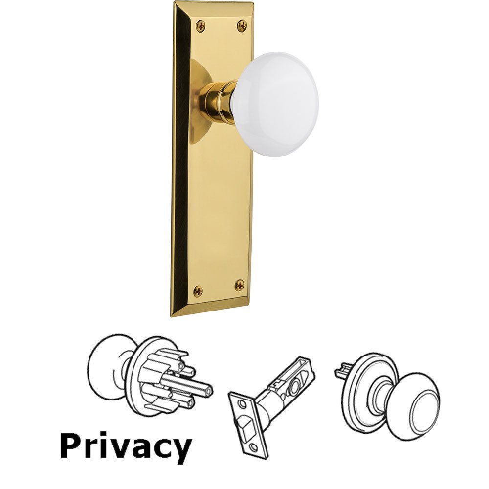 Nostalgic Warehouse Privacy Knob - New York Plate with White Porcelain Door Knob in Polished Brass