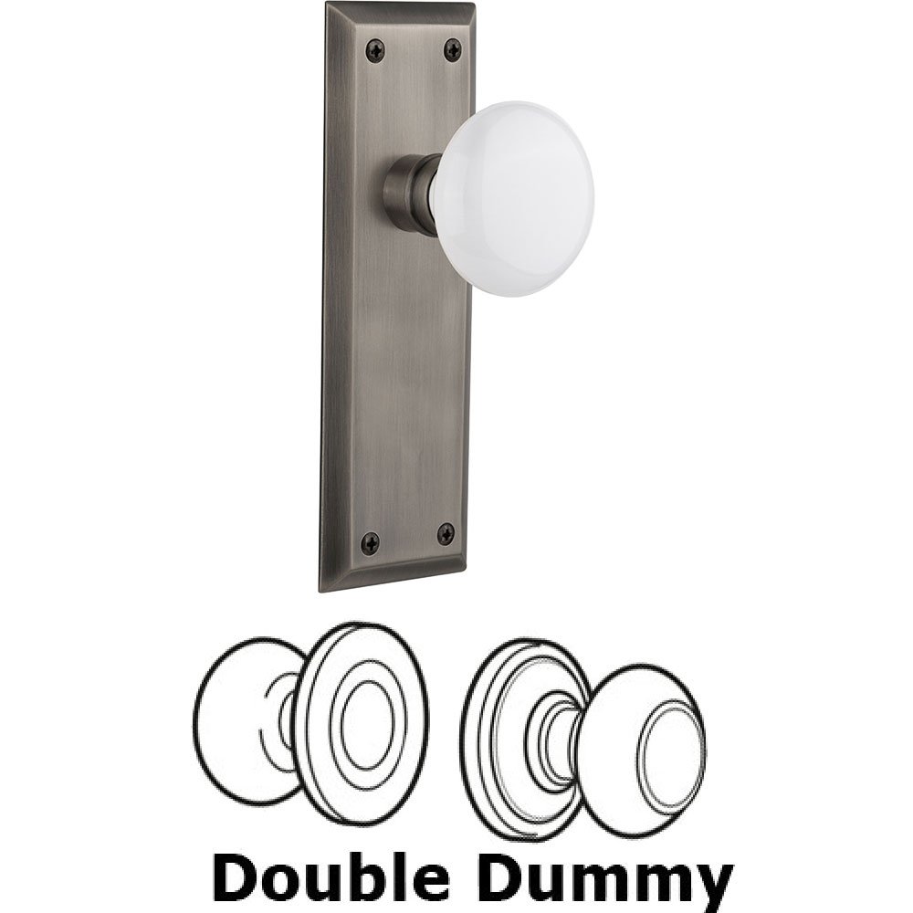 Nostalgic Warehouse Double Dummy Knob - New York Plate with White Porcelain Door Knob in Antique Pewter