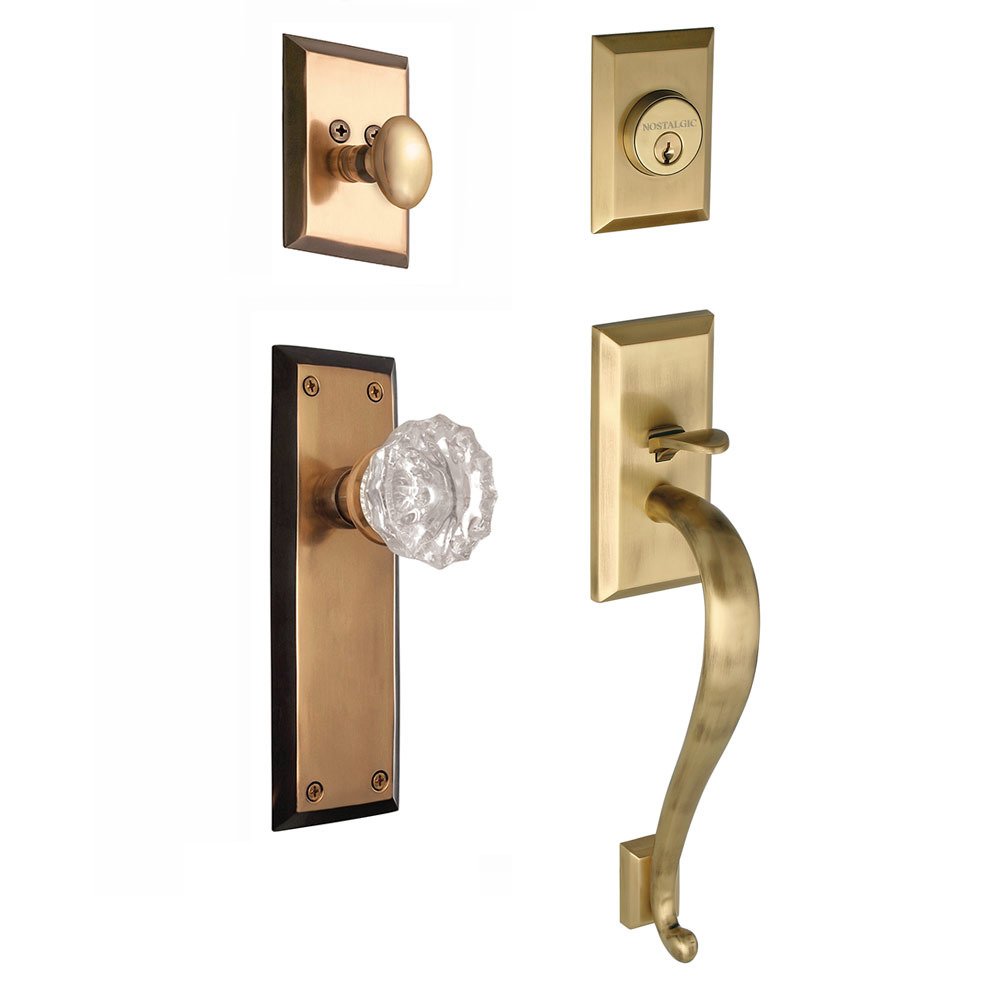 Nostalgic Warehouse Handleset - New York with "S" Grip and Crystal Knob in Antique Brass and Vintage Brass