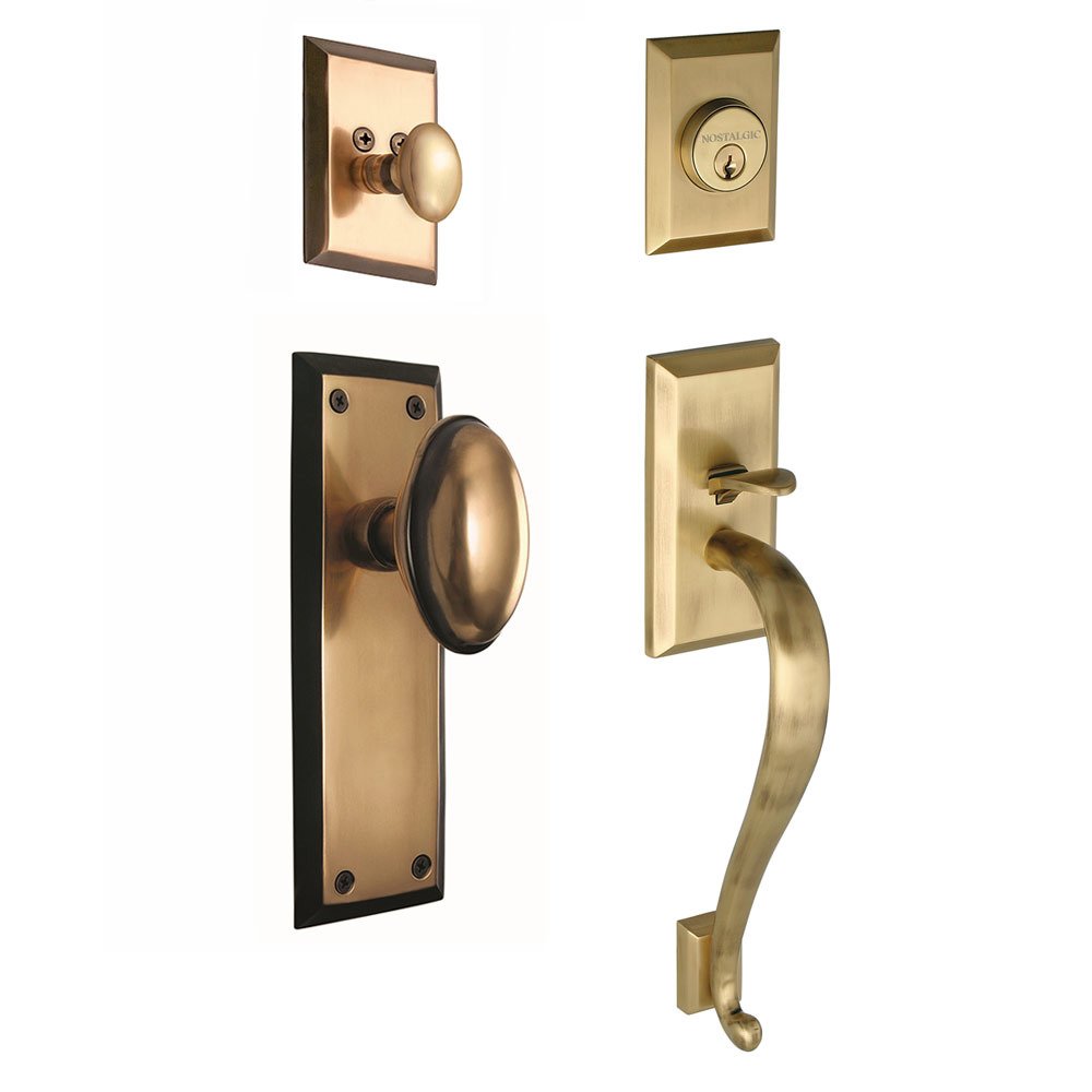 Nostalgic Warehouse Handleset - New York with "S" Grip and Homestead Knob in Antique Brass and Vintage Brass