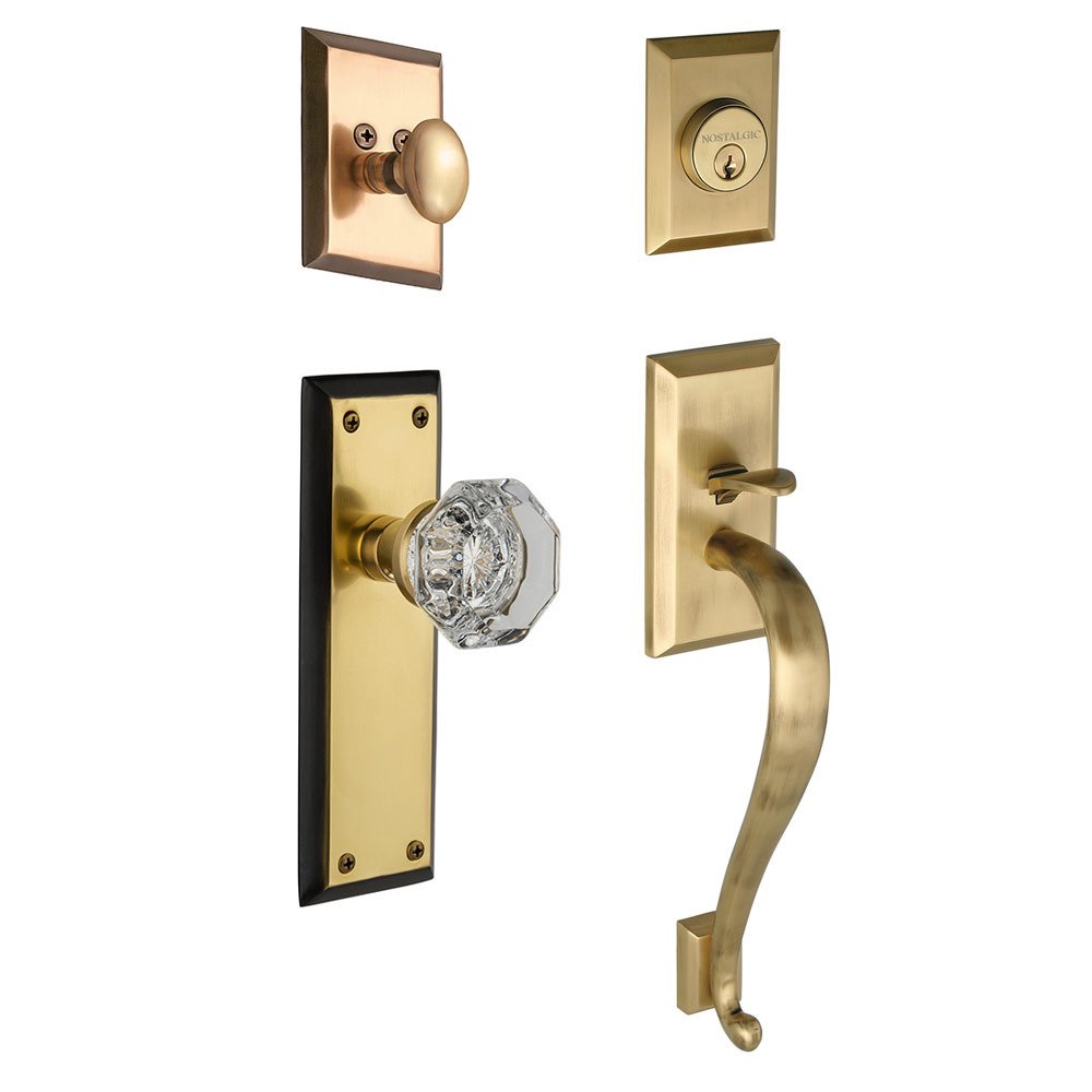 Nostalgic Warehouse Handleset - New York with "S" Grip and Waldorf Knob in Antique Brass and Vintage Brass