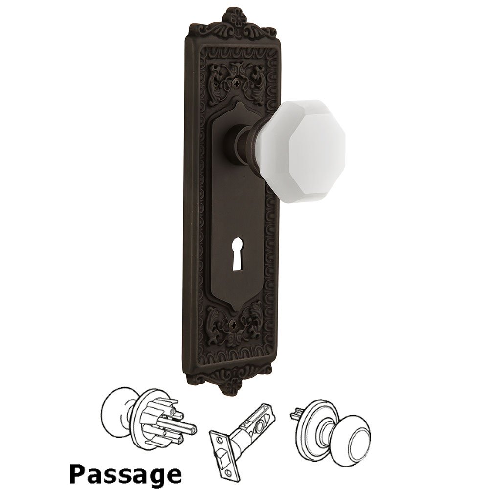 Nostalgic Warehouse Passage - Egg & Dart Plate with Keyhole with Waldorf White Milk Glass Knob in Oil-Rubbed Bronze