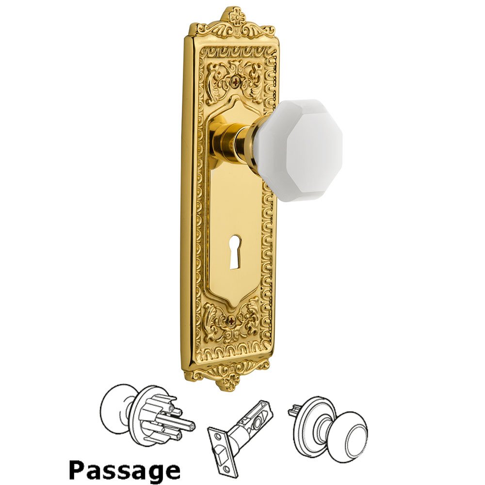 Nostalgic Warehouse Passage - Egg & Dart Plate with Keyhole with Waldorf White Milk Glass Knob in Polished Brass