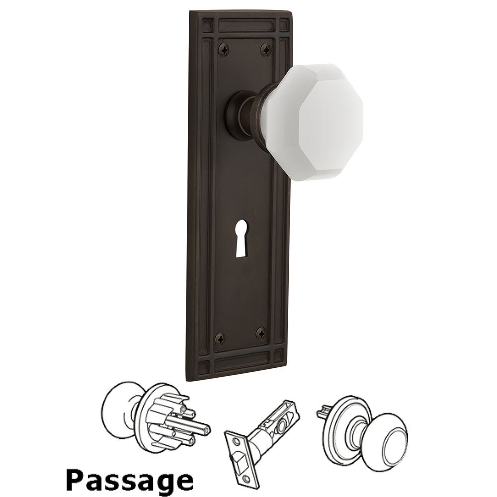 Nostalgic Warehouse Passage - Mission Plate with Keyhole with Waldorf White Milk Glass Knob in Oil-Rubbed Bronze