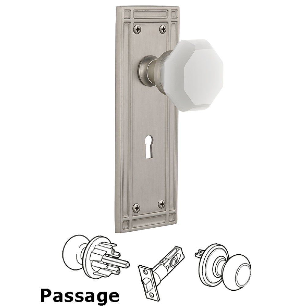Nostalgic Warehouse Passage - Mission Plate with Keyhole with Waldorf White Milk Glass Knob in Satin Nickel 