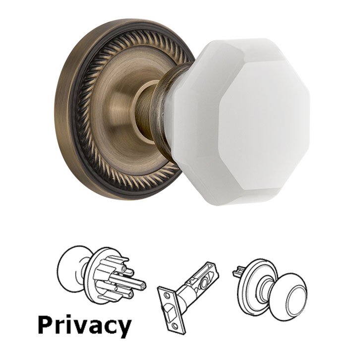 Nostalgic Warehouse Privacy - Rope Rosette with Waldorf White Milk Glass Knob in Antique Brass