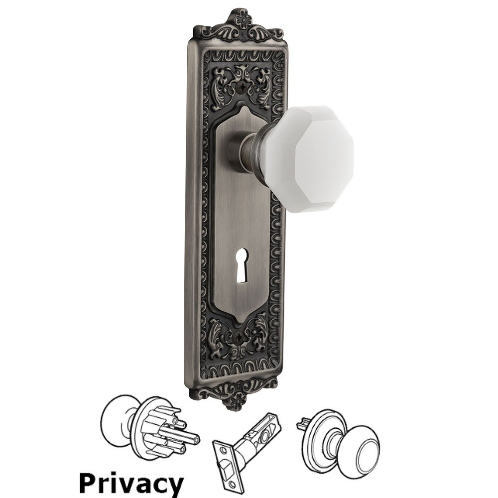 Nostalgic Warehouse Privacy - Egg & Dart Plate with Keyhole with Waldorf White Milk Glass Knob in Antique Pewter 