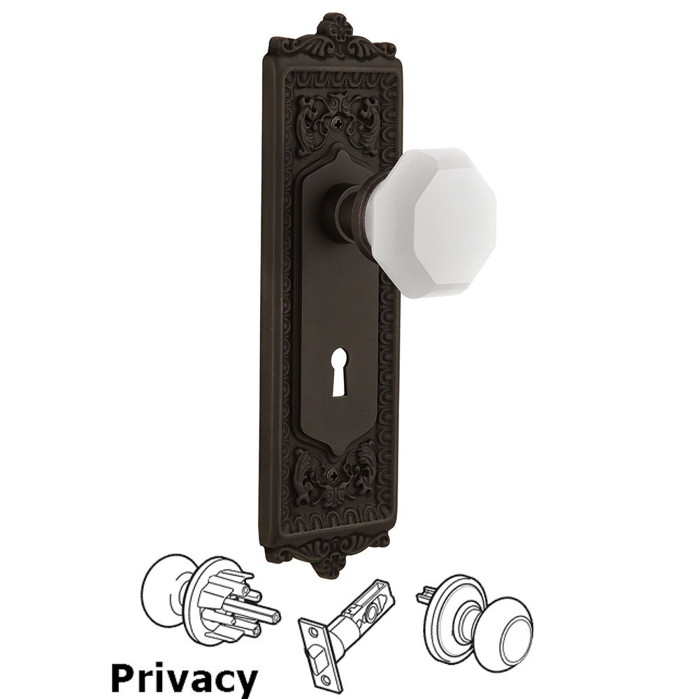 Nostalgic Warehouse Privacy - Egg & Dart Plate with Keyhole with Waldorf White Milk Glass Knob in Oil-Rubbed Bronze 