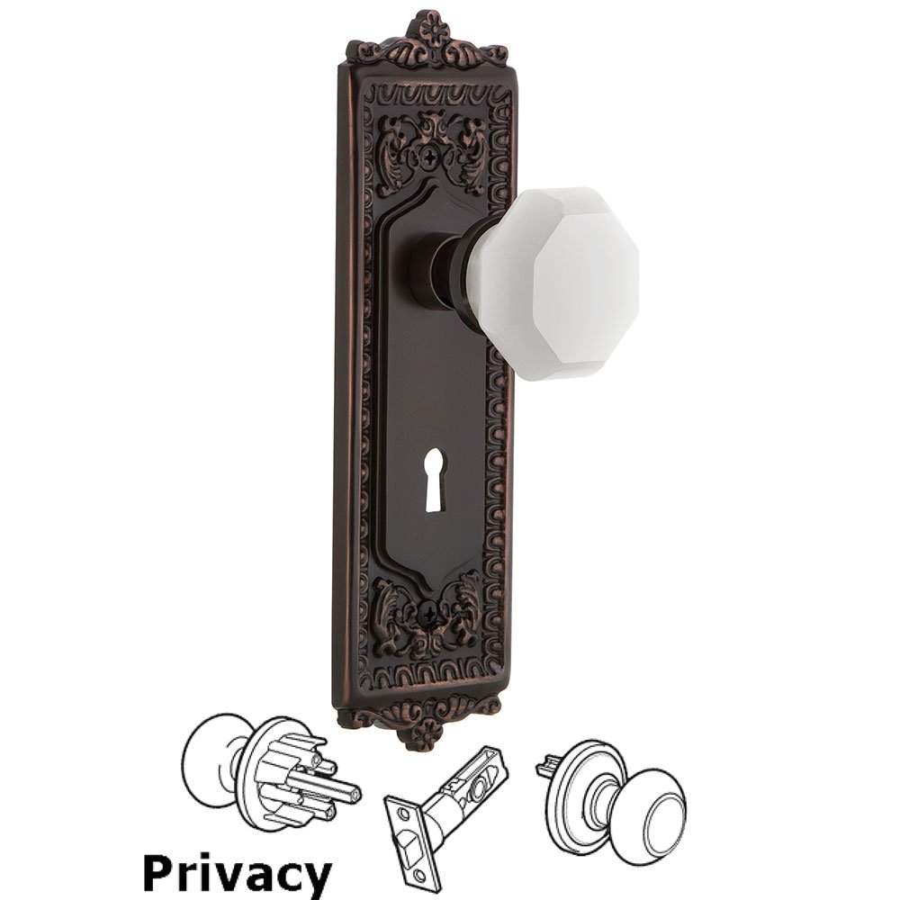 Nostalgic Warehouse Privacy - Egg & Dart Plate with Keyhole with Waldorf White Milk Glass Knob in Timeless Bronze 