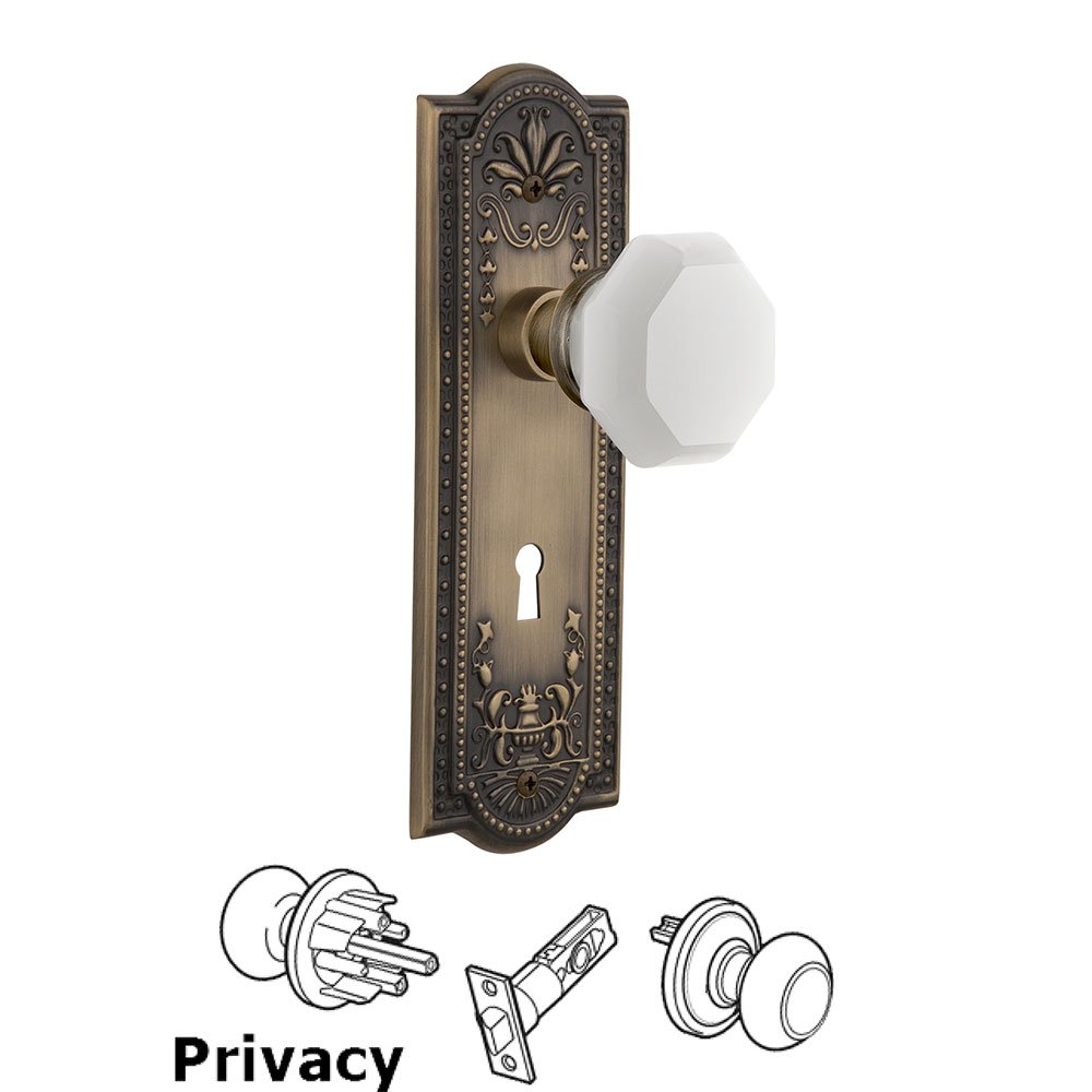 Nostalgic Warehouse Privacy - Meadows Plate with Keyhole with Waldorf White Milk Glass Knob in Antique Brass