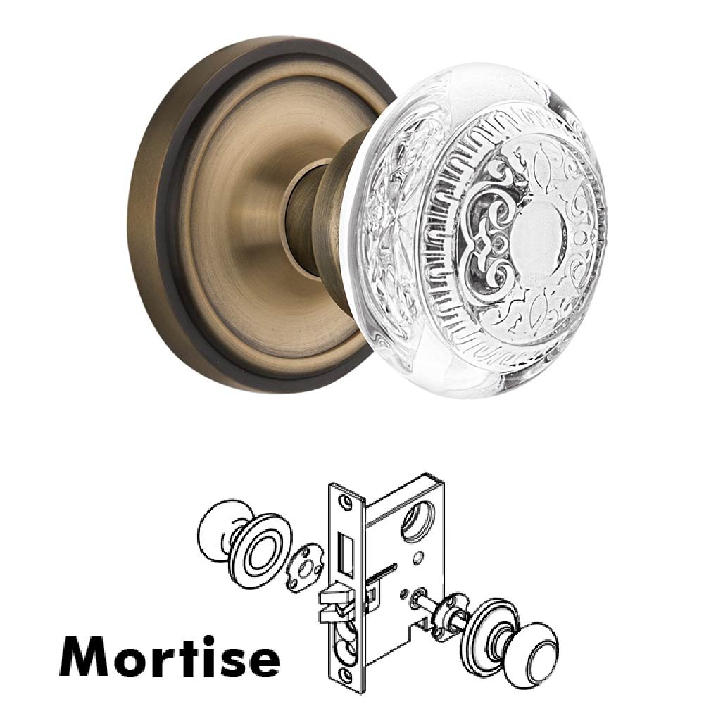 Nostalgic Warehouse Mortise - Classic Rosette With Crystal Egg & Dart Knob in Antique Brass