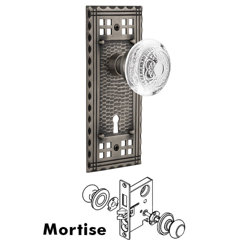 Nostalgic Warehouse Mortise - Craftsman Plate With Crystal Egg & Dart Knob in Antique Pewter