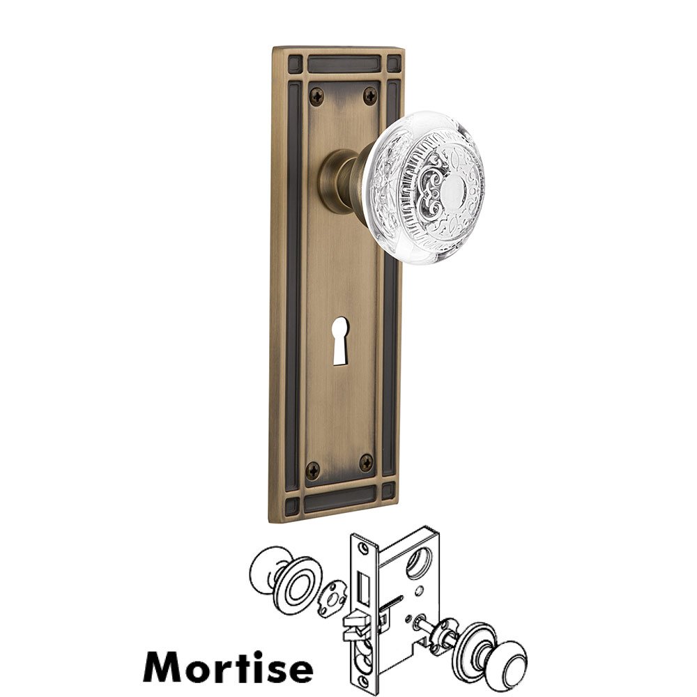 Nostalgic Warehouse Mortise - Mission Plate With Crystal Egg & Dart Knob in Antique Brass