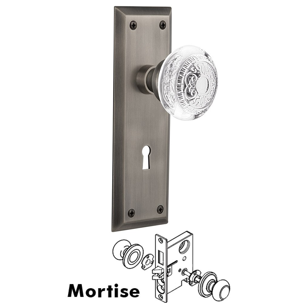 Nostalgic Warehouse Mortise - New York Plate With Crystal Egg & Dart Knob in Antique Pewter