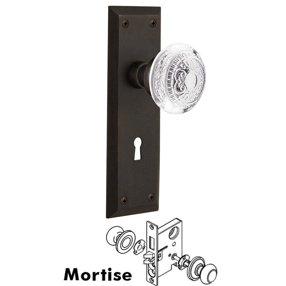 Nostalgic Warehouse Mortise - New York Plate With Crystal Egg & Dart Knob in Oil-Rubbed Bronze