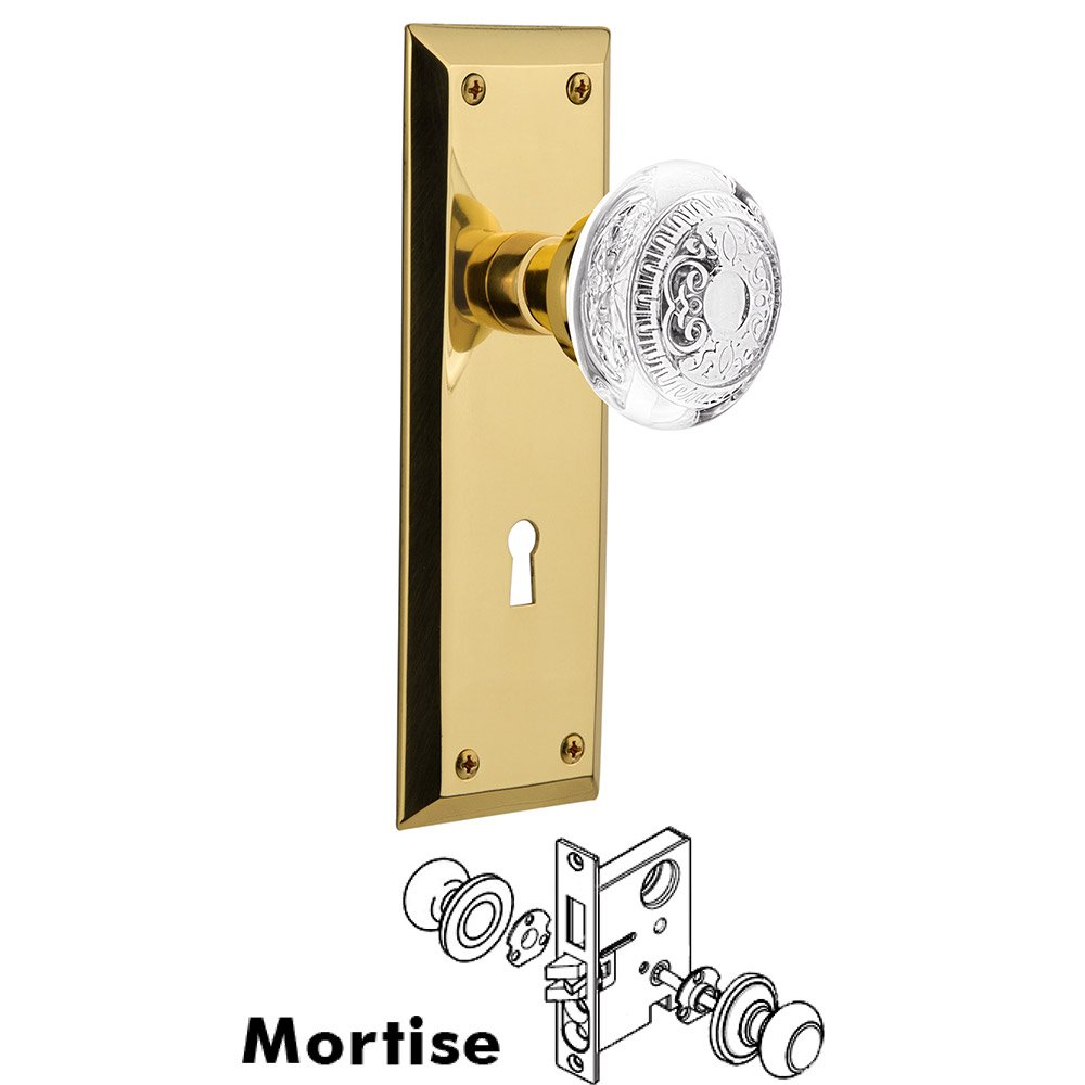 Nostalgic Warehouse Mortise - New York Plate With Crystal Egg & Dart Knob in Polished Brass